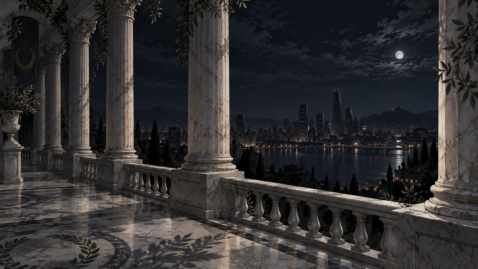 Ancient marble columns above a silent city at night